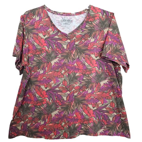 Catherines Suprema Collection Cotton Blend Tropical Leaf Print V-Neck T-Shirt 1X - Picture 1 of 6